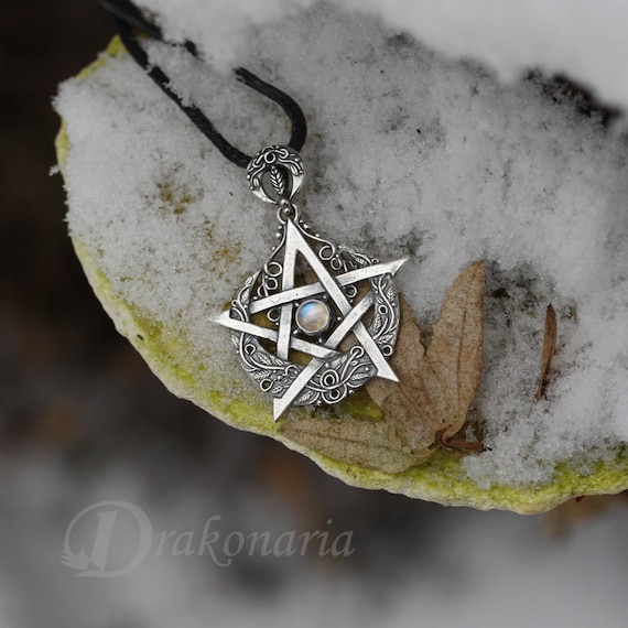 Lunar Pentagram Silver Pendant With a Moonstone Carved Vines