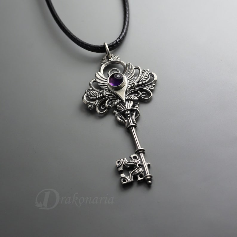Magic key silver key pendant, magical key gemstone necklace, amethyst, chrysoprase, hand sculpted key, fantasy key, mysterious key leaf image 2