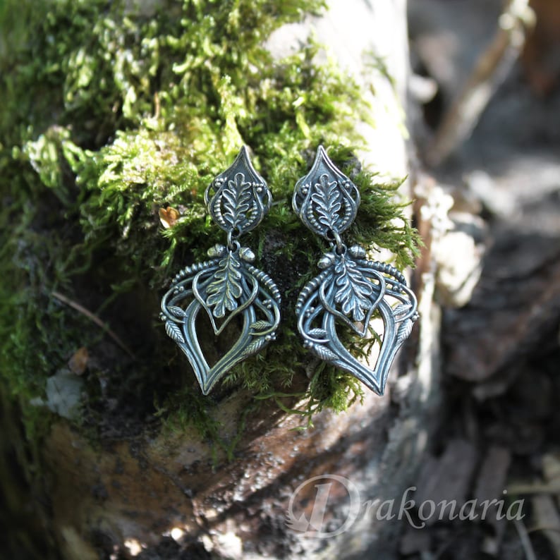 Forest queen, magical silver earrings, oak leaves and acorns, woodland jewelry, silver acorn, art nouveau, elven earrings, fantasy earrings image 2