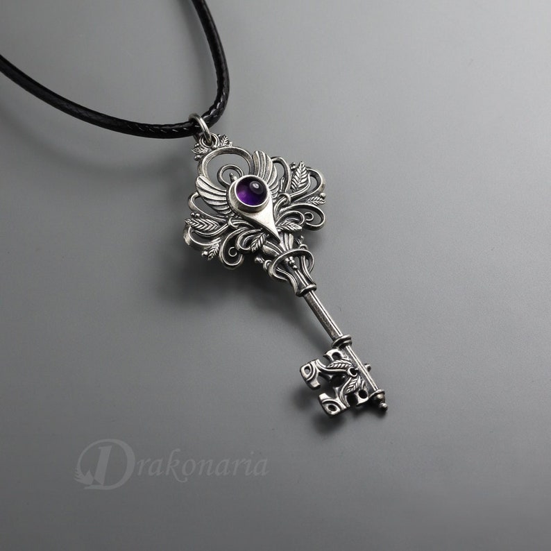 Magic key silver key pendant, magical key gemstone necklace, amethyst, chrysoprase, hand sculpted key, fantasy key, mysterious key leaf Amethyst