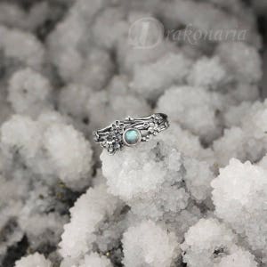 Twig ring, labradorite and silver, tiny flowers, silver meadow, labradorite ring, silver flowers, teal stone ring, silver bouquet, elven image 4