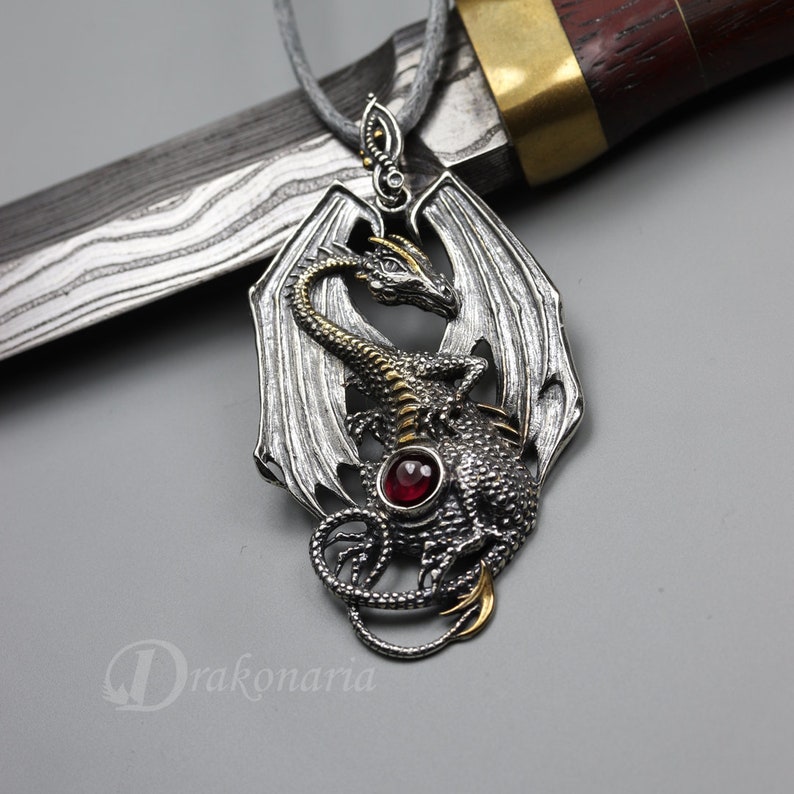 Silver dragon pendant, fire dragon, garnet pendant, deep red garnet, yellow gold, game of thrones, smaug pendant, fantasy dragon pendant image 8