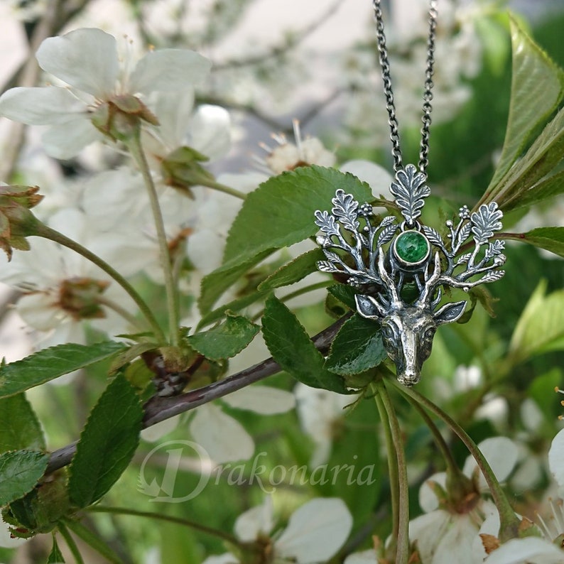 The Light Bringer silver stag pendant, peridot, aventurine pendant, oak leaves pendant, silver deer, Cernunnos, deer pendant, oak king Aventurine
