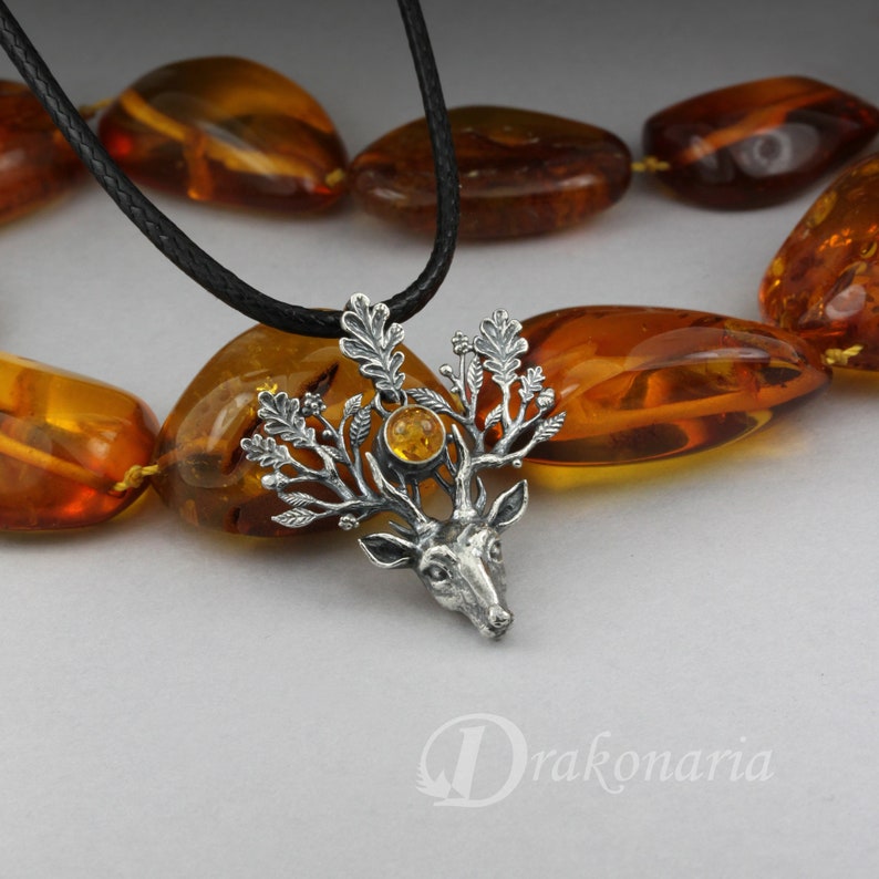 The Light Bringer silver stag pendant, Baltic amber pendant, silver leaves, oak leaves pendant, silver deer, silver twigs, deer pendant image 1