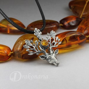 The Light Bringer silver stag pendant, Baltic amber pendant, silver leaves, oak leaves pendant, silver deer, silver twigs, deer pendant image 3