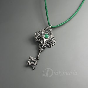 Magic key silver key pendant, magical key gemstone necklace, amethyst, chrysoprase, hand sculpted key, fantasy key, mysterious key leaf Chrysoprase