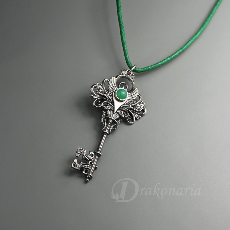 Magic key silver key pendant, magical key gemstone necklace, amethyst, chrysoprase, hand sculpted key, fantasy key, mysterious key leaf Chrysoprase
