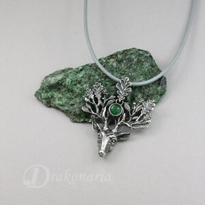 The Light Bringer silver stag pendant, peridot, aventurine pendant, oak leaves pendant, silver deer, Cernunnos, deer pendant, oak king image 4