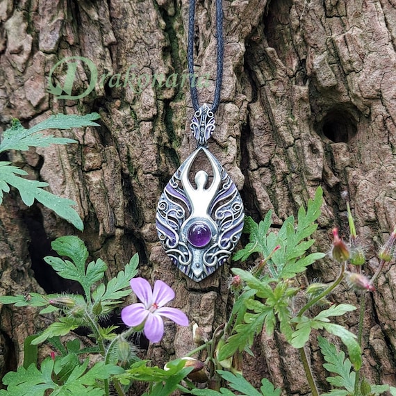Lilac Goddess, silver and Amethyst pendant, goddess of fire, Slavic goddess, girl power, goddess pendant, spiritual pendant, woman power