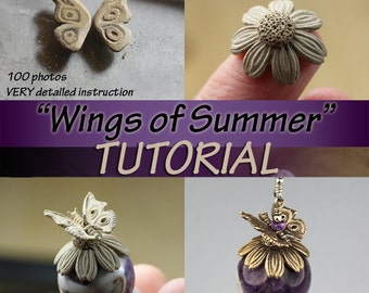 Wings of Summer TUTORIAL, metal clay, sculpted flower, butterly bead cap in bronze or silver, metal clay tutorial, bronze clay, PDF file