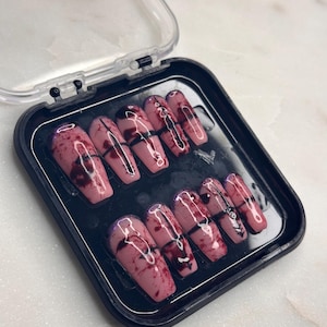 Anime-Inspired Press On Nails |  Curse Tattoo Design | Blood Splatter | Long Almond Shape | Cosplay Fake Nails | Reusable Nail Art