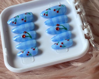 Blue Gingham Cherry Press-On Nails: Vintage Summer Nail Art
