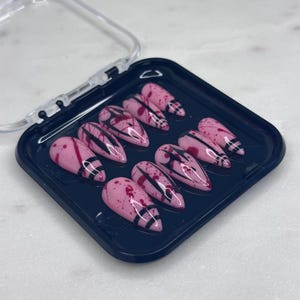 Anime-Inspired Press On Nails |  Curse Tattoo Design | Blood Splatter | Long Almond Shape | Cosplay Fake Nails | Reusable Nail Art