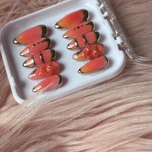 Peach Ombre Press-On Nails: 3D Floral Gold Almond Nails