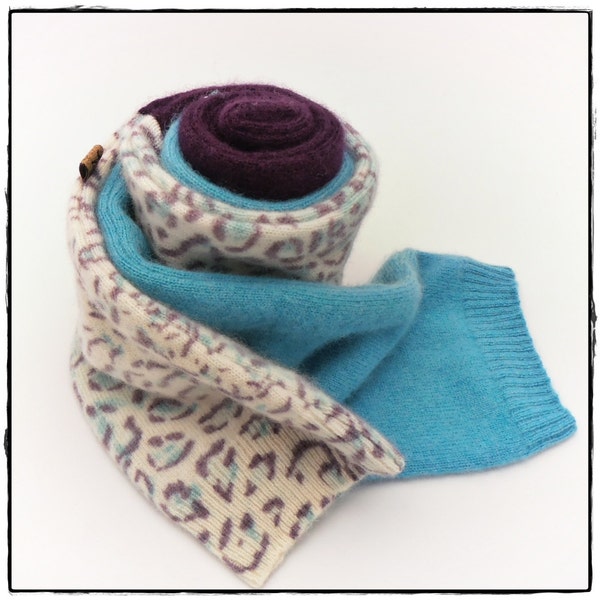 1/2 PRICE PURE CASHMERE scarf from recycled sweater animal print teal brown