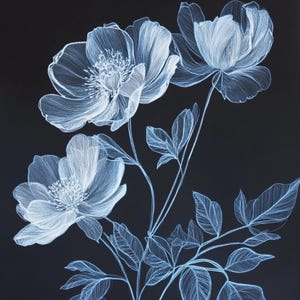 Elegant Aesthetic Floral Illustration I Flower art Print I Artistic Poster I Digital Artwork Botanical Line on Black Background I