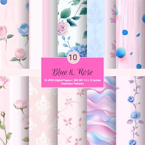10 Pastel Rose & Blue Floral  Pattern | Elegant Pink, blue  Design | Repeating Pattern with Rose Flower Accents I Digital Paper Seamless
