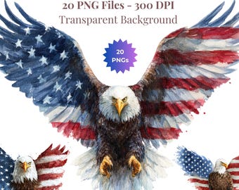 Imágenes PNG de águilas calvas patriotas, imágenes prediseñadas del Día de la Independencia del 4 de julio, imágenes PNG del Día de los Caídos (descarga digital) para scrapbooking y sublimación.