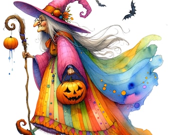 Whimsical Halloween Witch PNG 10 Clipart, Colorful Halloween Old Witch Pumpkin Crow Bat, Junk Journal Scrapbooking Ephemera Commercial Use