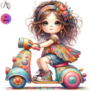 Filles originales sur un scooter 10 JPG, bébés originaux, bébés fantaisistes, jolie fille fantaisiste, oeuvre d'art pour chambre d'enfant, scrapbooking, journal indésirable, fabrication de cartes