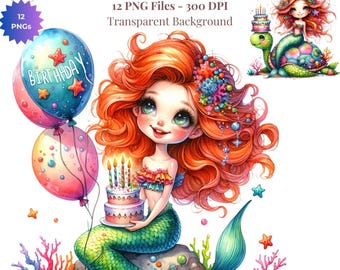 Paquete de imágenes prediseñadas PNG de sirenas para cumpleaños (12 imágenes): Fiesta de sirenas adorable y original, animales marinos, pastel y globos, tarjeta de cumpleaños, diseño para sublimación.