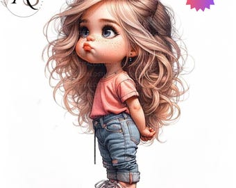 Schrulliges Mädchen-Clipart-Bundle (15 JPG-Dateien, druckbar, Aquarell) – Sofortiger digitaler Download – Für handgemachte Karten, Scrapbooking, Journaling und Dekoration