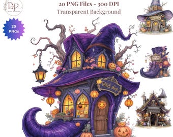 Tienda de brujas de Halloween, paquete de 20 imágenes prediseñadas PNG, sombrero de bruja, zapatos de bruja, arte para diario de brujas, scrapbooking, sublimación, DESCARGA DIGITAL