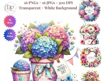 Paquete de imágenes prediseñadas de cesta de flores para el Día de la Madre, 16 PNG + 16 JPG, arte en acuarela para el Día de la Madre (descarga digital), para tarjeta floral del Día de la Madre.
