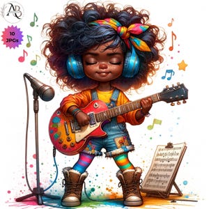Eigenzinnige Afro-Amerikaans meisje muzikale clipart 10JPG schattige grillige zwarte meisjes muziekinstrument kunst decor ongewenste journaling scrapbooking gitaren