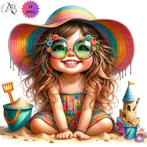 Fille décalée à la plage 12 JPG, jolie fille lunatique l'été à la plage construisant un château de sable, téléchargement numérique, scrapbooking, journalisation, fabrication de cartes