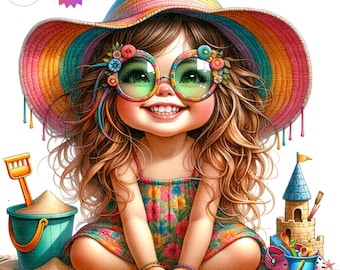 Clipart van een eigenzinnig meisje op het strand: speelse zandkasteelkunst (digitale download - 12 JPG's)