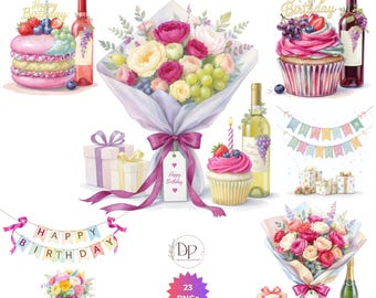 Paquete de imágenes prediseñadas PNG de cupcakes de cumpleaños: 21 imágenes de cupcakes para tarjetas de cumpleaños e invitaciones a fiestas (descarga digital).