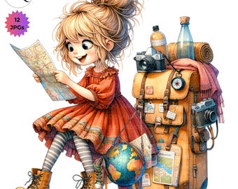 Quirky Girl Clipart World Traveler Whimsical Girls junk journal 12JPG Cute Girls adventurer Clipart Retro travel Girl Art scrapbook junkjour