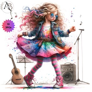 Può includere: Un'illustrazione digitale di una ragazza con capelli rosa e blu che indossa una giacca di jeans, un vestito colorato e leggings a righe. Sta tenendo un microfono e cantando dentro. Ci sono note musicali sullo sfondo e una chitarra e un amplificatore in primo piano. Il testo "10 JPGs" è in una forma a stella nell'angolo in alto a sinistra dell'immagine.