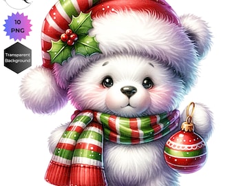 Christmas Teddy Bear Clipart: Holiday Card Scrapbooking Ephemera (10 PNG Digital Download, Commercial Use)