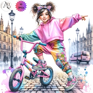 Puede incluir: Una persona joven que lleva una sudadera rosa y verde y pantalones a juego está montando una bicicleta rosa y azul. La persona lleva una diadema rosa y tiene el pelo castaño. La bicicleta tiene un cuadro rosa y ruedas azules. La persona está montando la bicicleta en una calle adoquinada. Hay edificios en el fondo.