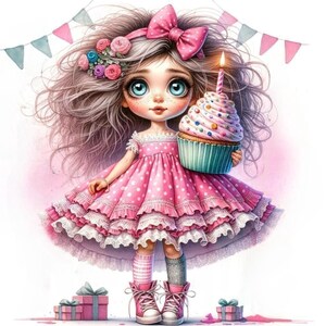 May include: A digital illustration of a doll-like girl holding a cupcake with a lit candle. She wears a pink polka-dot dress, pink shoes, and a bow. The background includes gift boxes and a banner with pink and blue flags.