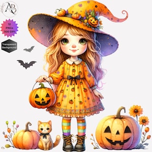 Pode incluir: Uma bruxa de desenho animado com cabelo loiro usando um chap&eacute;u de bruxa preto e laranja com uma ab&oacute;bora e flores nele. Ela est&aacute; usando um vestido amarelo com um la&ccedil;o preto e meias listradas laranja e amarelo. Ela est&aacute; segurando um balde de ab&oacute;bora e um pequeno gato laranja est&aacute; sentado ao lado dela.