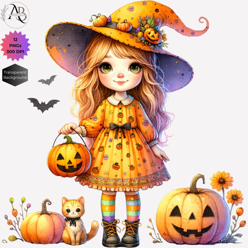 Pode incluir: Uma bruxa de desenho animado com cabelo loiro usando um chap&eacute;u de bruxa preto e laranja com uma ab&oacute;bora e flores nele. Ela est&aacute; usando um vestido amarelo com um la&ccedil;o preto e meias listradas laranja e amarelo. Ela est&aacute; segurando um balde de ab&oacute;bora e um pequeno gato laranja est&aacute; sentado ao lado dela.