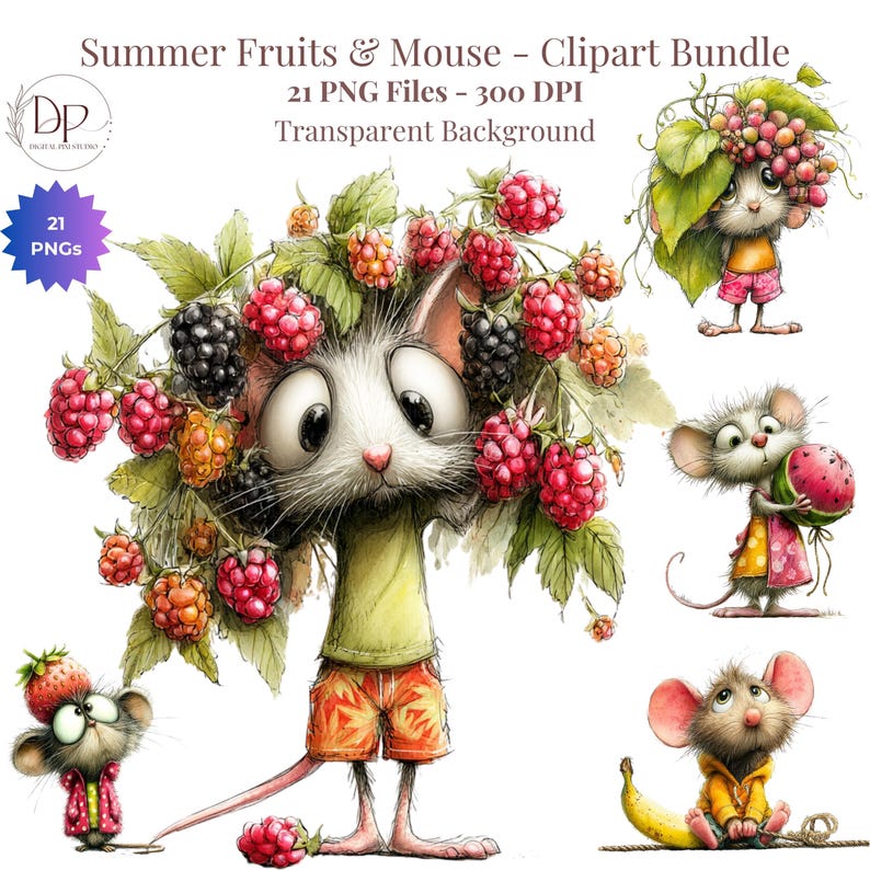 Cute Mouse Clipart 21 PNG, Summer Fruit Clipart, Kawaii Mouse With ...