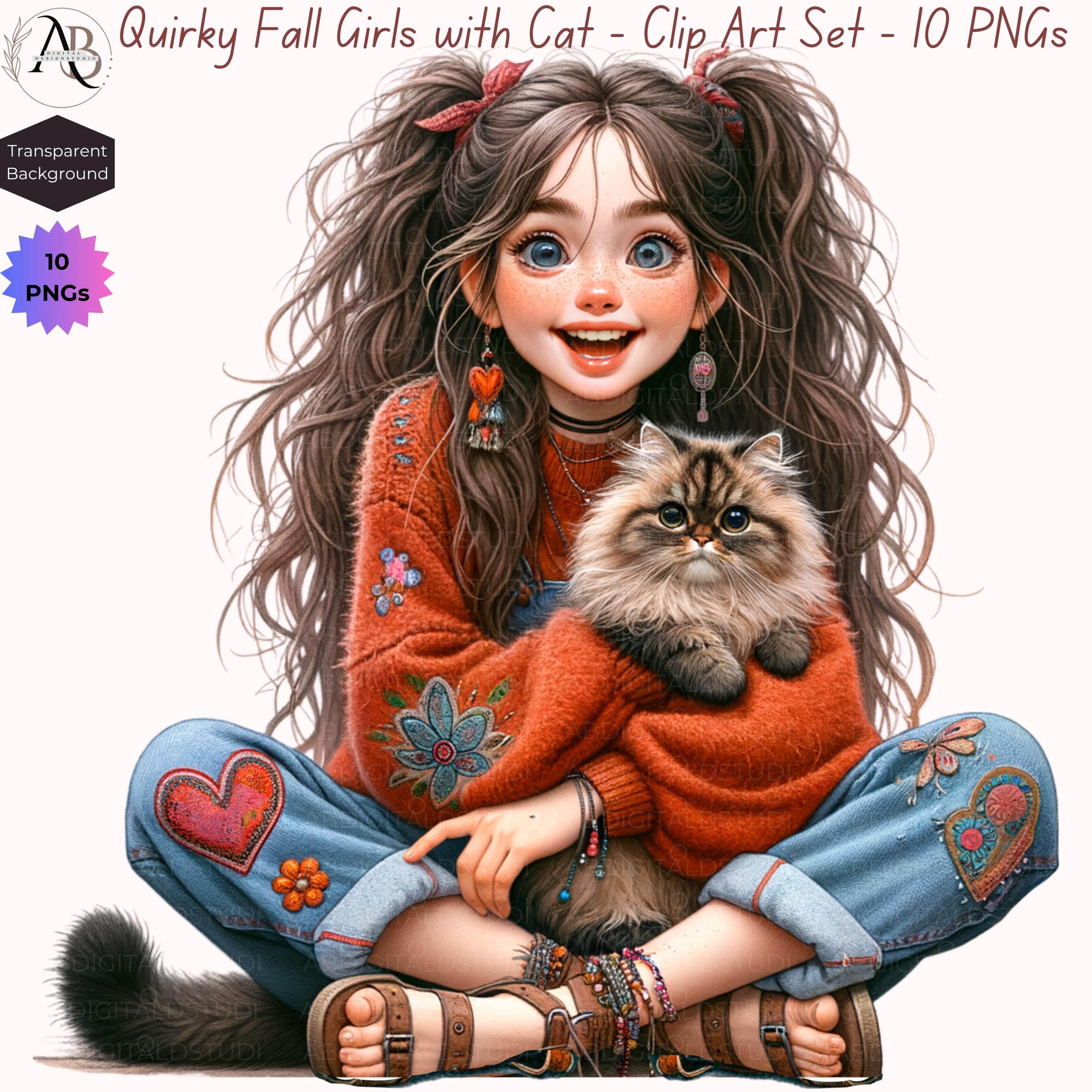 Quirky Fall Girl PNG Bundle Clip Art: Cat Lover 10 PNG (digital ...