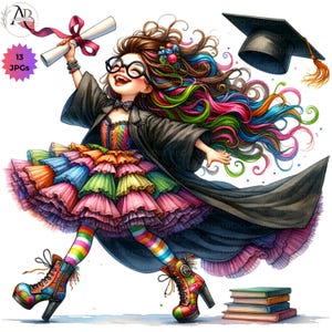 Clipart di laurea di una ragazza eccentrica 13 JPG, disegni per laureati, pacchetto di acquerelli stampabili, diario di scrapbooking, solo DOWNLOAD DIGITALE