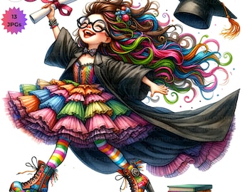 Watercolor Graduation Clipart: Quirky Girl Designs (Digital Download)