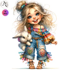 Filles originales, lapin 10JPG, rigolote, jolies filles fantaisistes, filles bohèmes, lot aquarelle imprimable numérique Scrapbooking, journalisation
