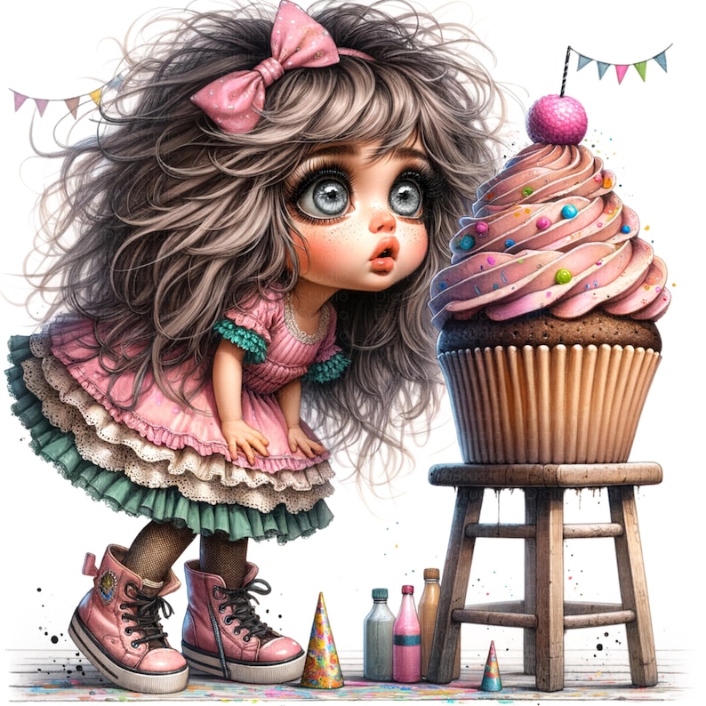 May include: A digital illustration of a doll-like figure in a pink dress and pink sneakers, gazing at a giant cupcake on a wooden stool. The cupcake is topped with pink frosting, sprinkles, and a cherry. The doll has large eyes and a pink bow.