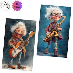 Quirky RockStar Grandma Clipart 15 JPG Whimsical Old People Journaling Scrapbooking Ephemera DIGITAL Printable Commercial Use