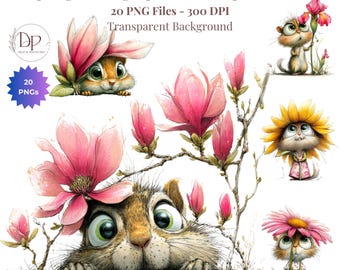 Animales del bosque, paquete de 20 imágenes prediseñadas PNG de fantasía forestal, animales asomándose, ardillas primaverales florales, diseños digitales descargables para sublimación PNG.