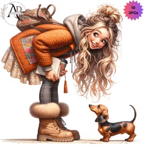 Quirky Girl Funny Girl Cute Whimsical Girl With Dog Printable Watercolor Bundle 10 JPG DIGITAL download Scrapbooking Journaling Card Making