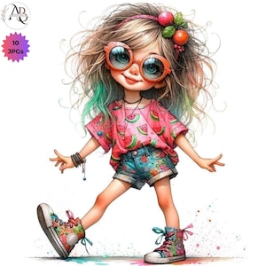 Chica peculiar, chica de verano, 10JPG, clipart lindo y caprichoso, paquete de acuarela imprimible, descarga digital, álbumes de recortes, diarios, creación de tarjetas