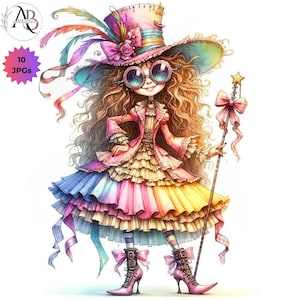 Menina extravagante, menina com chapéu 10 JPG Clipart, meninas caprichosas, menina peculiar, clipart de mago mágico, chapeleiro caprichoso, Scrapbooking JunkJournaling